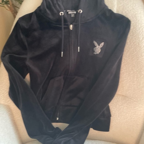 Y2K PLAYBOY Black Velour Hoodie - Picture 2 of 5